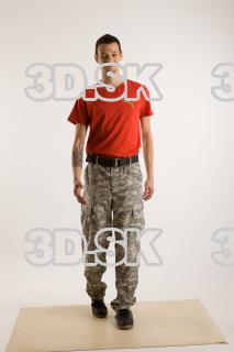 Walking reference of whole body red shirt army jeans brown…